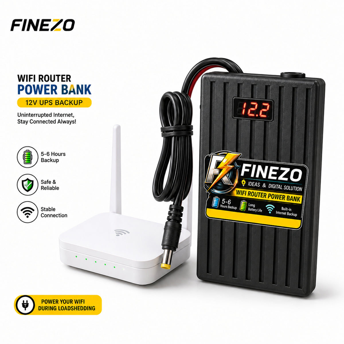 Finezo 12V WiFi Router Power Bank 6000mAh – Mini Router UPS with Volt Display