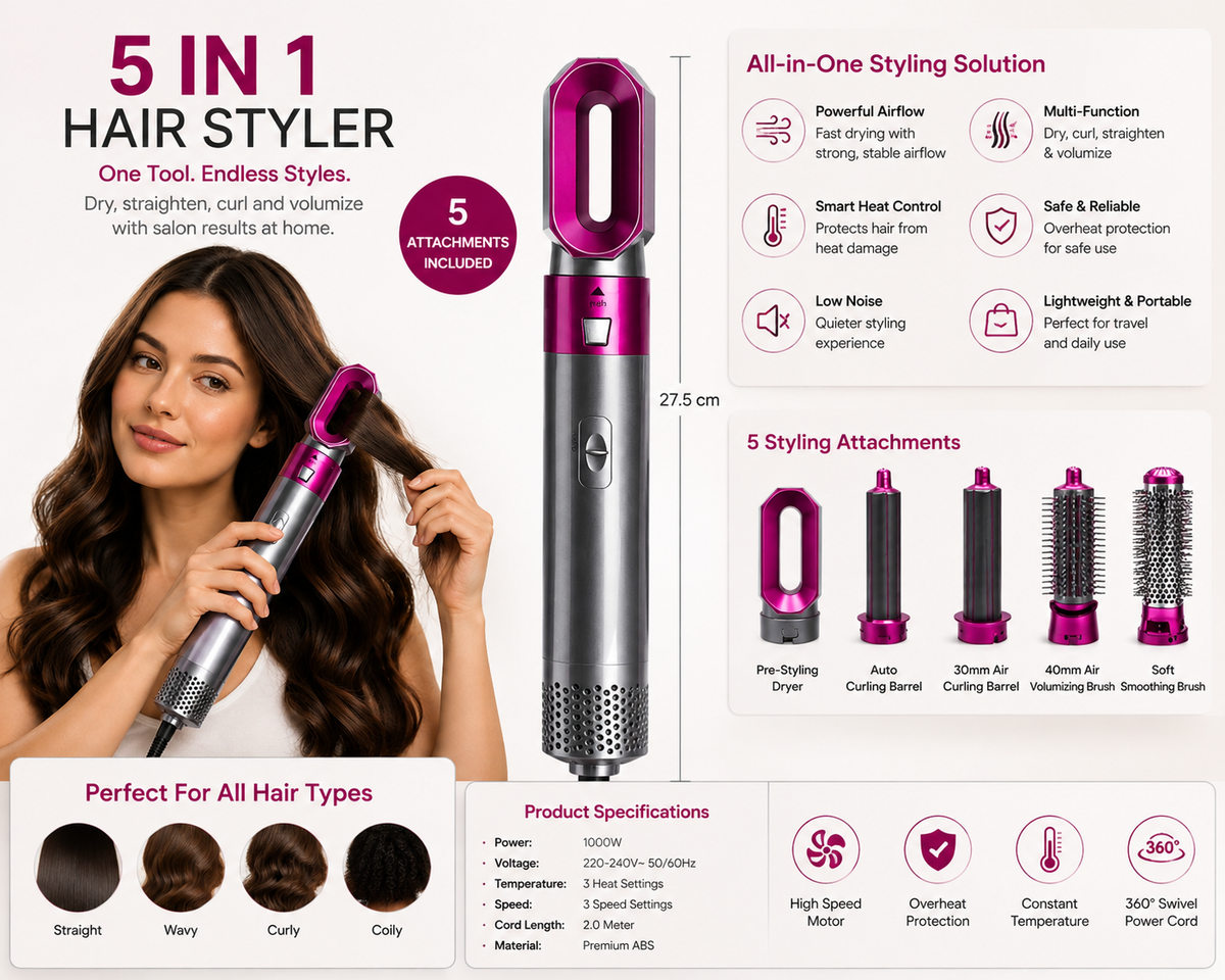 5-in-1 Hair Styler Hot Air Brush – Volumizer, Straightener & Curler