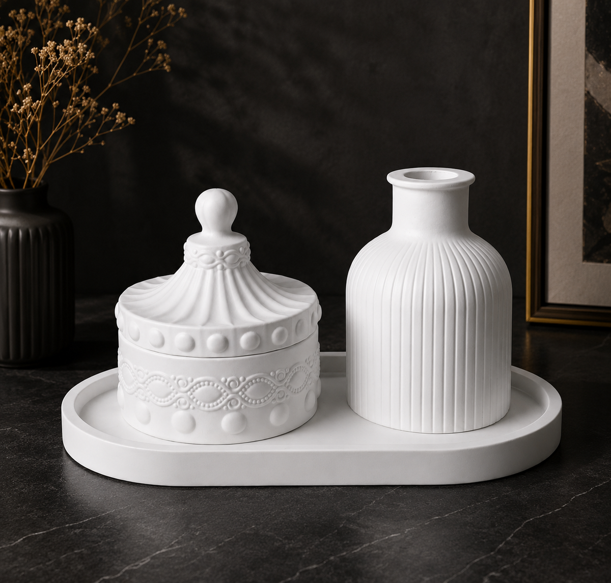 Aesthetic 3-Piece Home Decor Set – Oval Tray, Mini Vase & Storage Box