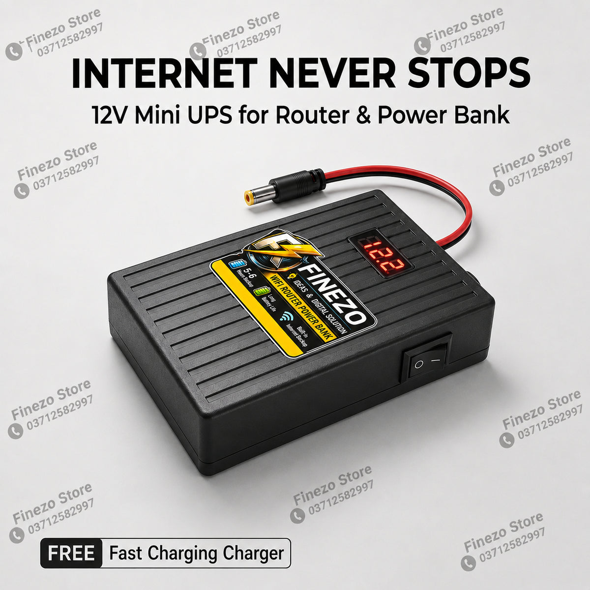 Finezo 12V WiFi Router Power Bank 6000mAh – Mini Router UPS with Volt Display
