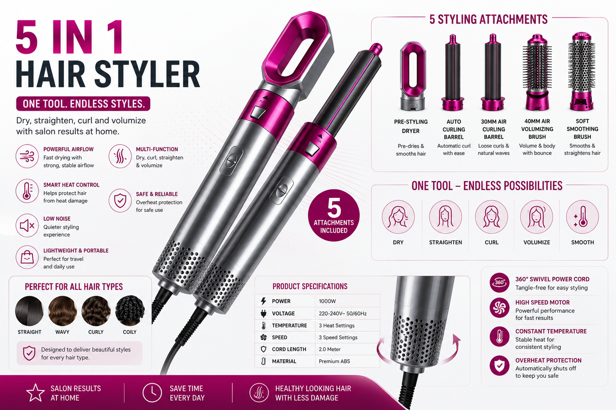 5-in-1 Hair Styler Hot Air Brush – Volumizer, Straightener & Curler