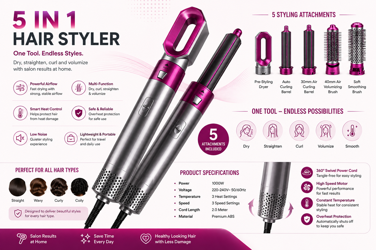 5-in-1 Hair Styler Hot Air Brush – Volumizer, Straightener & Curler