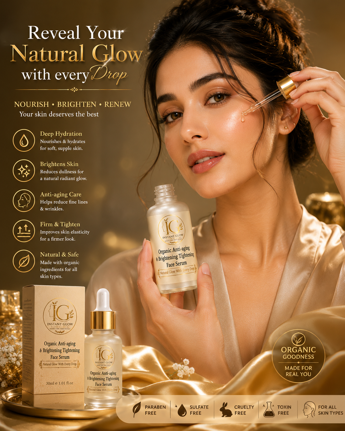 Organic Anti-Aging & Brightening Face Serum 30ml – Glow & Skin Tightening Serum
