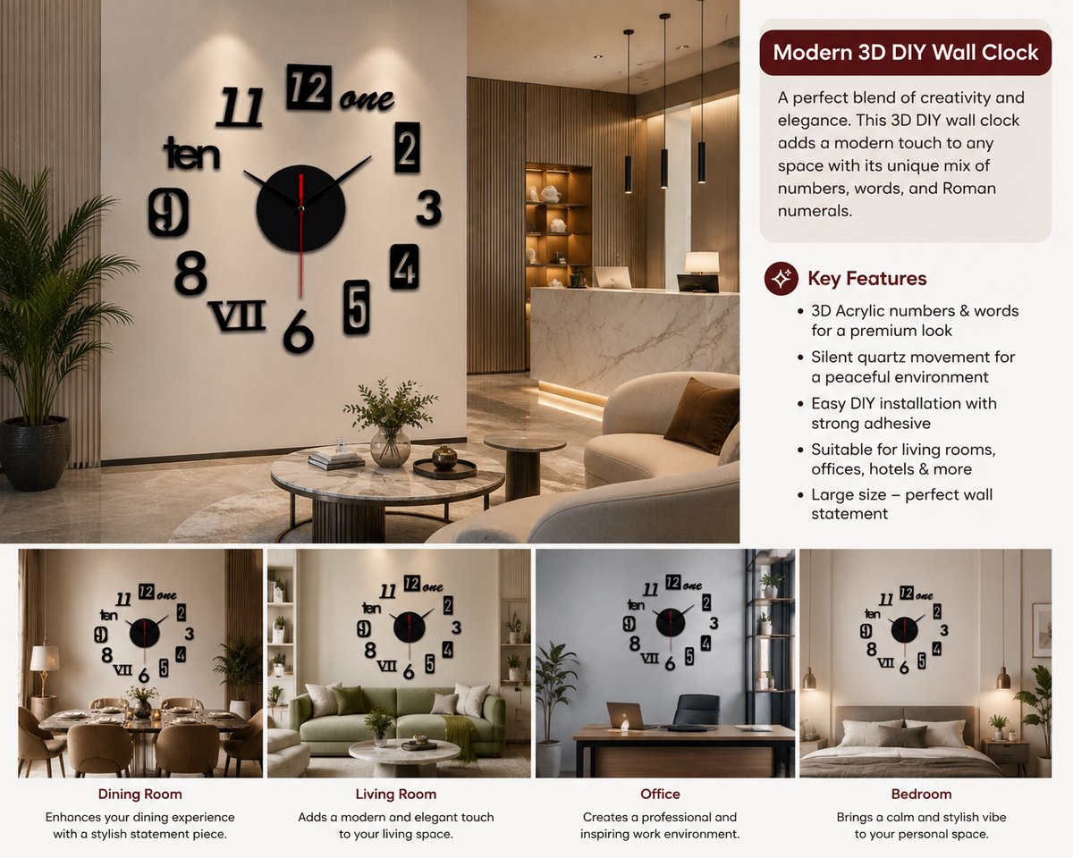 DIY 3D Wooden Wall Clock – Self-Adhesive Decorative Wall Clock for Home Décor