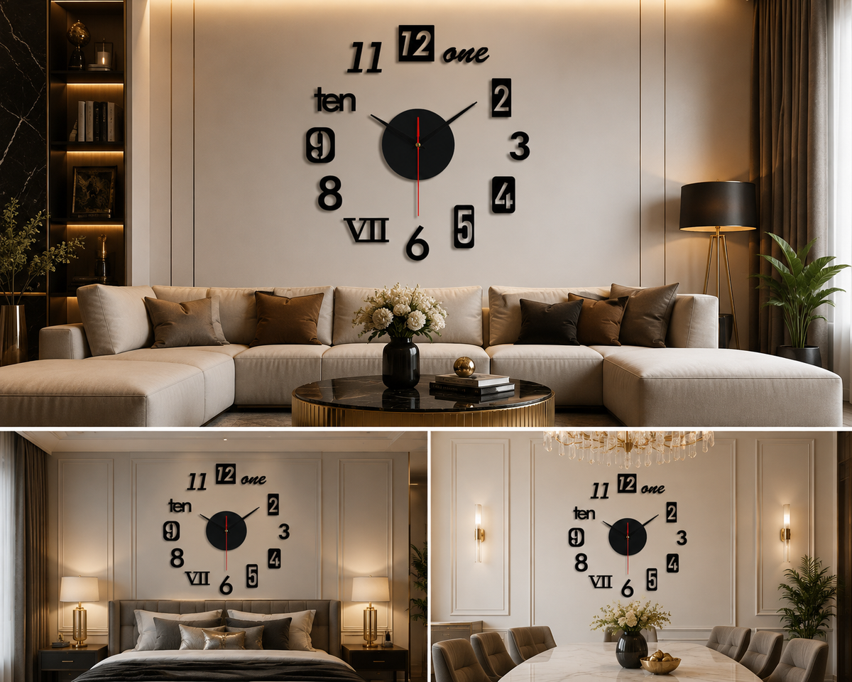 DIY 3D Wooden Wall Clock – Self-Adhesive Decorative Wall Clock for Home Décor